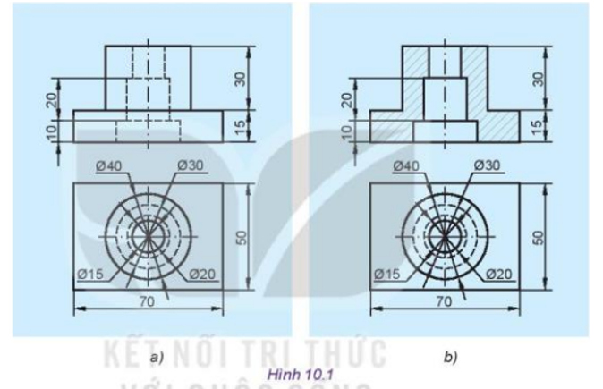 Hình 10.1 a, b cùng biểu diễn một vật thể, hãy cho biết sự khác nhau của hai hình này (ảnh 1)