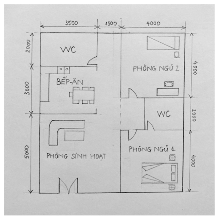 Hãy vẽ mặt bằng của ngôi nhà một tầng có diện tích 90m2, có 2 phòng ngủ, 1 phòng sinh hoạt chung, 1 bếp ăn và 2 nhà vệ sinh. (ảnh 1)