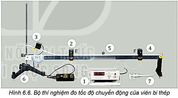 Thả cho viên bi chuyển động đi qua cổng quang điện trên máng nhôm. Thảo luận nhóm để lập phương án đo tốc độ của viên bi theo các gợi ý sau: 1. Làm thế nào xác định được tốc độ trung bình của viên bi khi đi từ cổng quang điện E đến cổng quang điện F? 2. Làm thế nào xác định được tốc độ tức thời của viên bi khi đi qua cổng quang điện E hoặc cổng quang điện F? 3. Xác định các yếu tố có thể gây sai số trong thí nghiệm và tìm cách để giảm sai số. (ảnh 1)