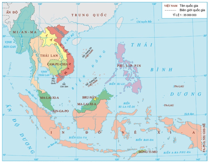 Dựa vào lược đồ trong Hình 13.1, em hãy xác định vị trí địa lí của khu vực Đông Nam Á. Vị trí đó có những điểm gì đặc biệt (ảnh 1)