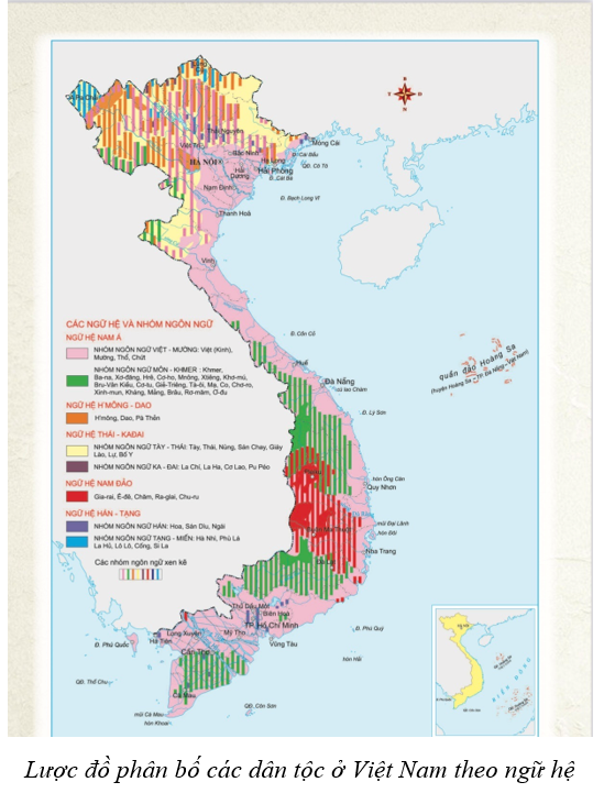 Em hãy xác định địa bàn phân bố chủ yếu của các dân tộc theo ngữ hệ trên lược đồ Việt Nam (ảnh 1)