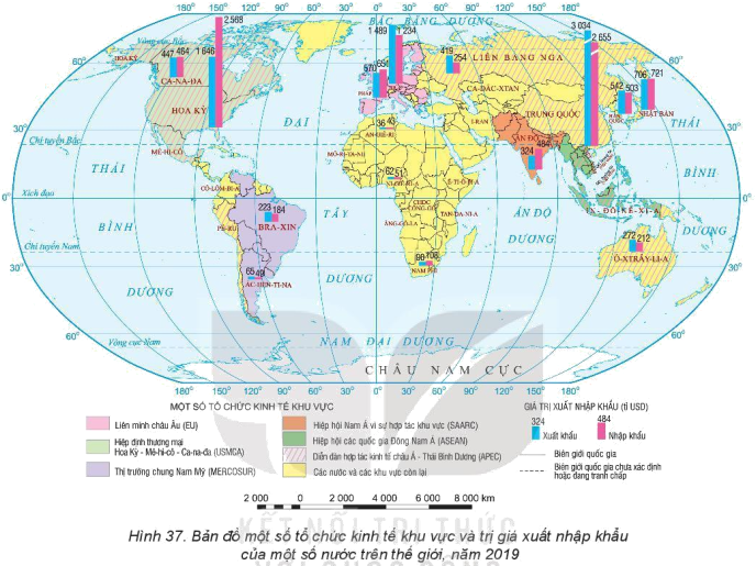 Đọc bản đồ hình 37, cho biết tên một số tổ chức kinh tế khu vực lớn trên thế giới và một số quốc gia có hoạt động xuất, nhập khẩu hàng đầu trên thế giới. (ảnh 1)