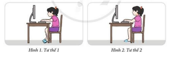 Theo em, trong các Hình 1 và 2, hình nào thể hiện cách ngồi đúng tư thế khi làm việc với máy tính? Nếu em ngồi sai tư thế (ảnh 1)