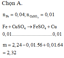 Cho 2,24 gam Fe vào 100ml dung dịch CuSO4 0,1M đến phản ứng hòa (ảnh 1)