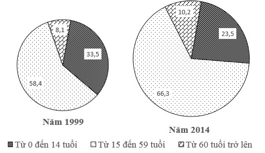 Cho biểu đồ về dân số nước ta năm 1999 và 2014: (Số liệu theo Niên giám thống kê Việt Nam 2015, NXB Thống kê, 2016)  Biểu đồ thể hiện nội dung nào sau đây (ảnh 1)