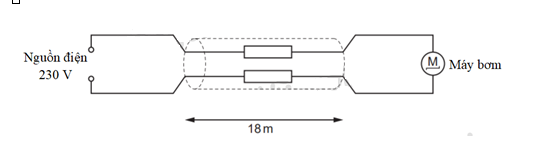  Một máy bơm sử dụng cho đài phun nước được nối bởi dây dẫn cách nguồn điện 18 m. Nguồn điện có hiệu điện thế hiệu dụng 230 V. Máy bơm hoạt động bình thường với điện áp hiệu dụng thấp nhất là (ảnh 1)