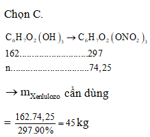 Từ m kg xenlulozơ sản xuất được 74,25 kg xenlulozơ trinitrat (biết hiệu (ảnh 1)