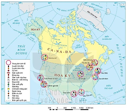 Quan sát hình 2, hãy: - Xác định trên bản đồ các trung tâm kinh tế quan trọng của Bắc Mỹ. - Kể tên các ngành kinh tế ở một số trung tâm. (ảnh 1)