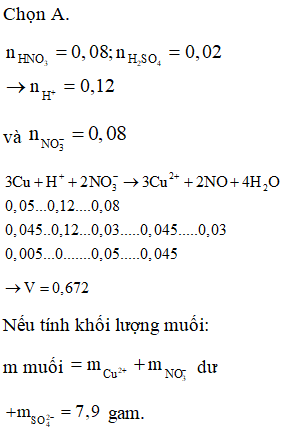 Cho 3,2 gam Cu tác dụng với 100ml dung dịch hỗn hợp HNO3 0,8M và (ảnh 1)