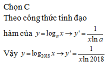 Đạo hàm của hàm số y=logarit cơ số 2018 của x là (ảnh 1)