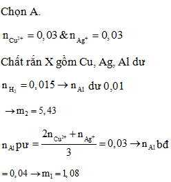 Cho m1 gam Al vào 100 ml dung dịch gồm Cu(NO3)2 0,3M và AgNO3 0,3M (ảnh 1)