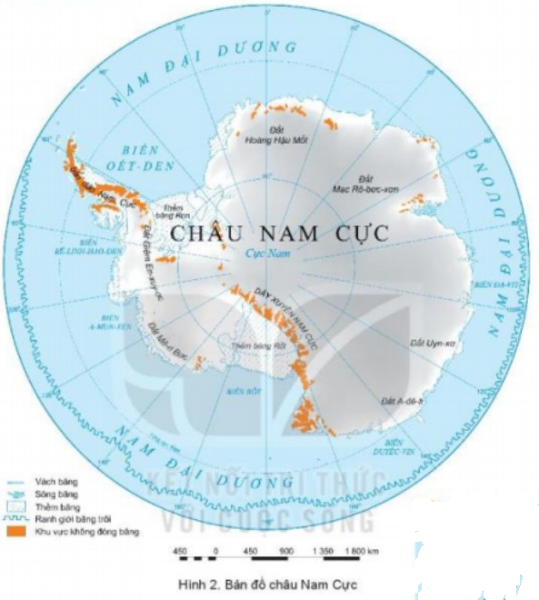 Dựa vào thông tin trong mục 2 và bản đồ hình 2, hãy:  - Xác định trên bản đồ vị trí của châu Nam Cực.  - Cho biết vị trí địa lí ảnh hưởng như thế nào tới khí hậu của châu Nam Cực. (ảnh 1)