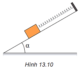 Một vật được giữ yên trên một mặt phẳng nghiêng nhẵn bởi một lò xo (Hình 13.10).   1. Có những lực nào tác dụng lên vật? 2. Phân tích trọng lực tác dụng lên vật thành hai thành phần và nêu rõ tác dụng của hai lực này. (ảnh 1)