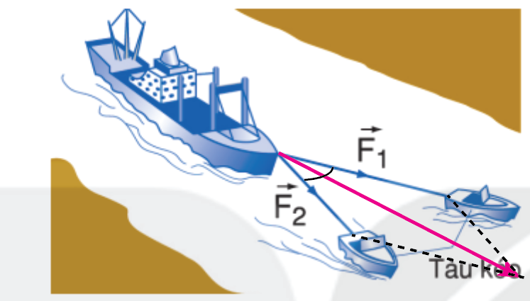 Hai tàu kéo giống nhau dùng dây cáp để kéo một tàu chở hàng bị chết máy vào cảng bằng hai lực F1  và F2  như hình dưới đây. - Tàu chở hàng sẽ chuyển động theo hướng nào? - Làm thế nào để tính được độ lớn của lực kéo tác dụng lên tàu chở hàng? (ảnh 1)