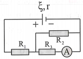 Cho mạch điện có sơ đồ như hình vẽ bên epsilon = 12V; R1 = 4 ôm; R2 = R3 = 10 ôm (ảnh 1)