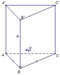 Cho lăng trụ đứng ABC.A'B'C' có đáy là tam giác vuông cân tại B,BB' = a và AC = a căn 2 . Thể tích của khối lăng trụ đã cho bằng  (ảnh 1)