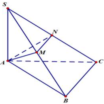 Cho hình chóp tam giác S.ABC, gọi M,N lần lượt là trung điểm của SB và SC. Tỉ số thể tích của khối chóp S.AMN và S.ABC là  (ảnh 1)