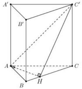 Cho hình lăng trụ đứng ABC.A'B'C' có đáy ABC vuông tại A,AB = a\sqrt 3 ,AC = AA' = a. Sin góc giữa đường thẳng  (ảnh 1)