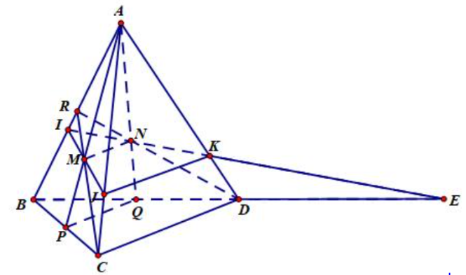 Cho tứ diện đều ABCD có cạnh bằng a. Gọi M,N\ lần lượt là trọng tâm các tam giác ABD,ABC và E là điểm đối xứng  (ảnh 1)