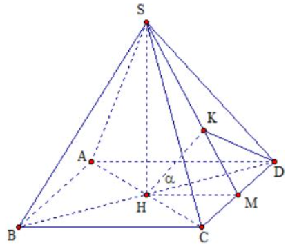 Cho hình chóp đều S.ABCD có cạnh đáy bằng a căn 2, cạnh bên bằng 2a. Gọi (alpha) là góc tạo bởi hai mặt phẳng  (ảnh 1)