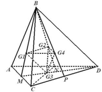Cho khối tứ diện ABCD có thể tích V. Gọi G1, G2, G3 ,G4 lần lượt là trọng tâm của bốn mặt của hình tứ diện. Tính (ảnh 1)