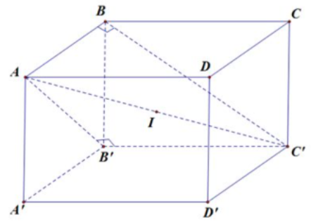  Cho hình hộp chữ nhật ABCD.A'B'C'D' có AB = a;AD = 2a;AA' = 2a. Tính diện tích của mặt cầu ngoại tiếp tứ diện ABB'C'? (ảnh 1)