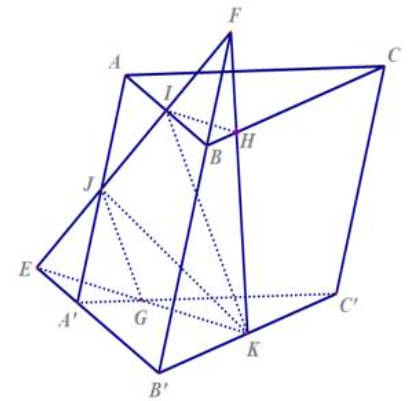 Cho khối lăng trụ tam giác ABC.A'B'C' gọi I,J,K lần lượt là trung điểm của AB,AA',B'C'. Mặt phẳng (IJK) chia khối  (ảnh 1)