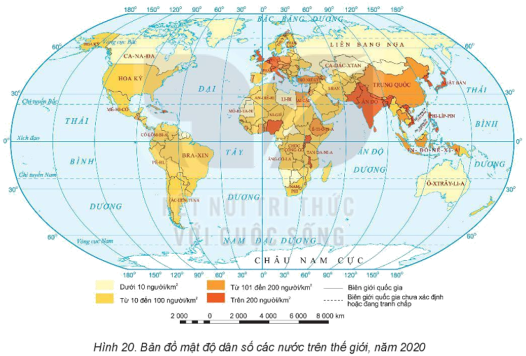 Dựa vào hình 20 và thông tin trong mục 1, hãy:  - Xác định trên bản đồ một số nước có mật độ dân số trên 200 người/km2 và một số nước có mật độ dân số dưới 10 người/km2. (ảnh 1)