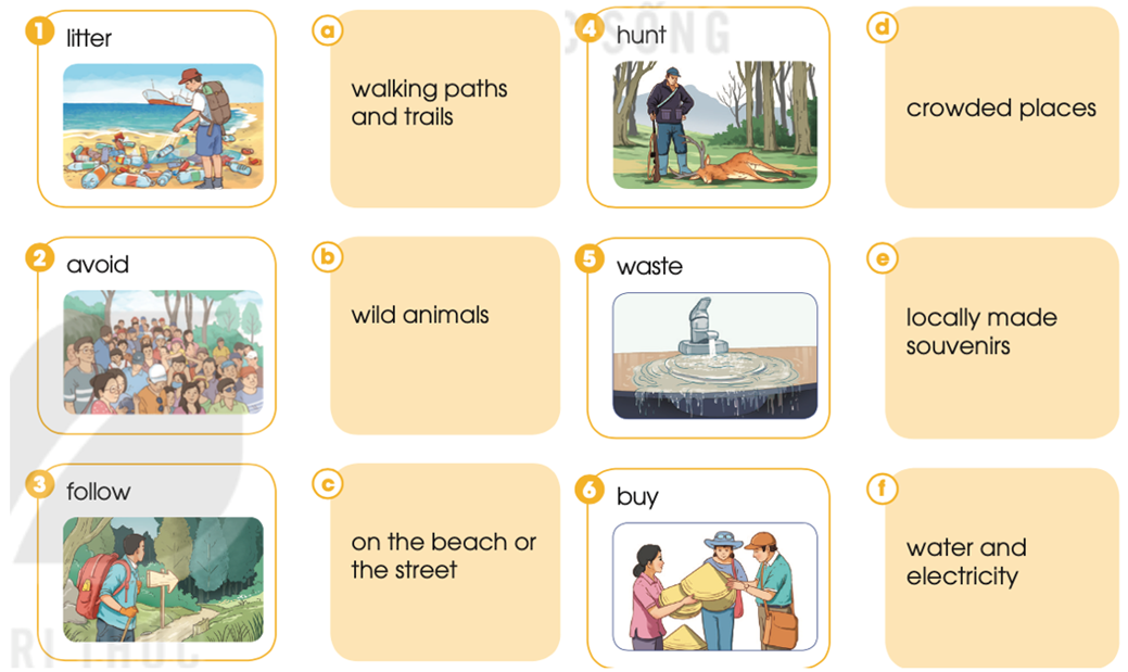 Match each verb on the left with a phrase on the right. Use the pictures to help you  (ảnh 1)