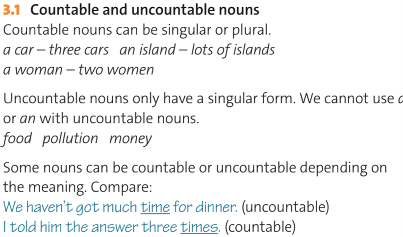Countable and uncountable nouns Countable nouns can be singular or plural a car - three cars an island (ảnh 1)