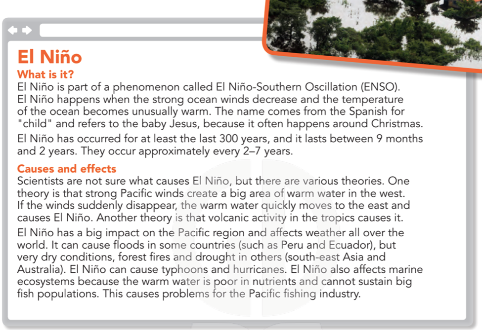 Read the webpage about El Nino. What is it and what effects can it have? (Đọc bài trên trang web về hiện tượng El Nino. Đó là gì và nó gây ra hậu quả gì?) (ảnh 1)
