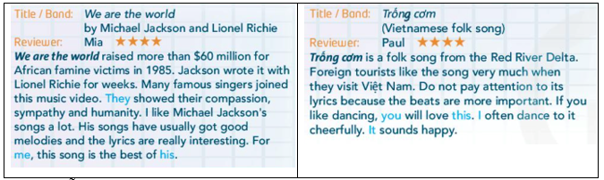 Read the reviews. Which song has great singers? Which song belongs to (ảnh 1)