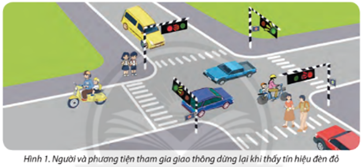 Quan sát Hình 1 và cho biết có những người và phương tiện tham gia giao thông nào đang dừng lại. Tại sao? (ảnh 1)