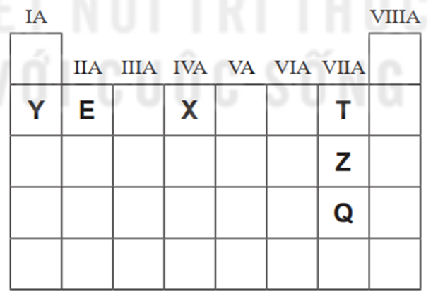 Cho vị trí của các nguyên tố E, T, Q, X, Y, Z trong bảng tuần hoàn rút gọn (chỉ biểu diễn các nguyên tố nhóm A) như sau: (ảnh 1)