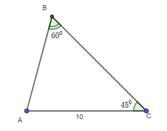 Cho tam giác ABC có góc B = 60 độ, góc C = 45 độ, AC = 10. Tính a, R, S, r. (ảnh 1)