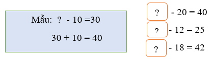 a) Tìm số bị trừ (theo mẫu): Mẫu: dấu hoi - 10 = 30 30 + 10 = 40 (ảnh 1)