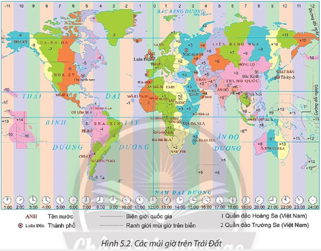 Dựa vào hình 5.2 và thông tin trong bài, em hãy:  - Cho biết Trái Đất được chia thành bao nhiêu múi giờ. Mỗi múi giờ rộng bao nhiêu độ kinh tuyến? (ảnh 1)