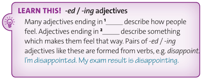 Find all the -ed and -ing adjectives in the text in exercise 2. Complete the rules in the Learn this! box. (Tìm tất cả các tính từ có đuôi -ed và -ing trong văn bản ở bài tập 2. Hoàn thành các quy tắc trong bảng Learn this!) (ảnh 1)