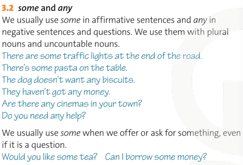 Some and any We usually use some in affirmative sentences and any in negative sentences and questions (ảnh 1)