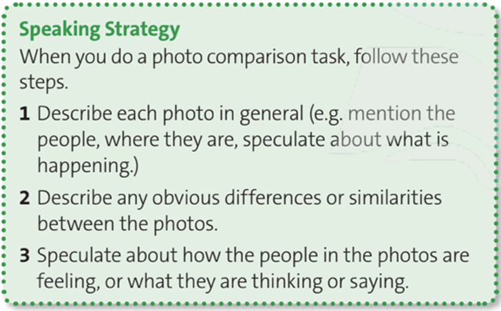 Read the Speaking Strategy. Then listen to two candidates comparing the photos. Answer the questions. (Đọc Chiến lược Nói. Sau đó, nghe hai ứng viên so sánh các bức ảnh. Trả lời các câu hỏi) (ảnh 1)