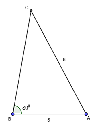 Cho tam giác ABC có b = 8, c = 5 và  góc B = 80 độ. Tính số đo các góc, bán kính đường tròn  (ảnh 1)