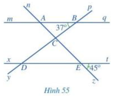 Quan sát Hình 55, trong đó mq // xt. a) Kể tên các cặp góc đồng vị bằng nhau. (ảnh 1)
