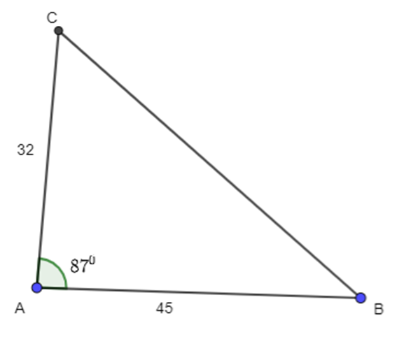 Giải tam giác ABC, biết b = 32, c = 45, góc A = 87 độ.  (ảnh 1)