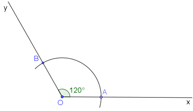 Cho góc xOy = 120 độ.. Vẽ tia phân giác của góc xOy bằng hai cách: (ảnh 2)