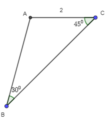 Tính diện tích tam giác ABC có b = 2, góc B = 30 độ, góc C = 45 độ. (ảnh 1)