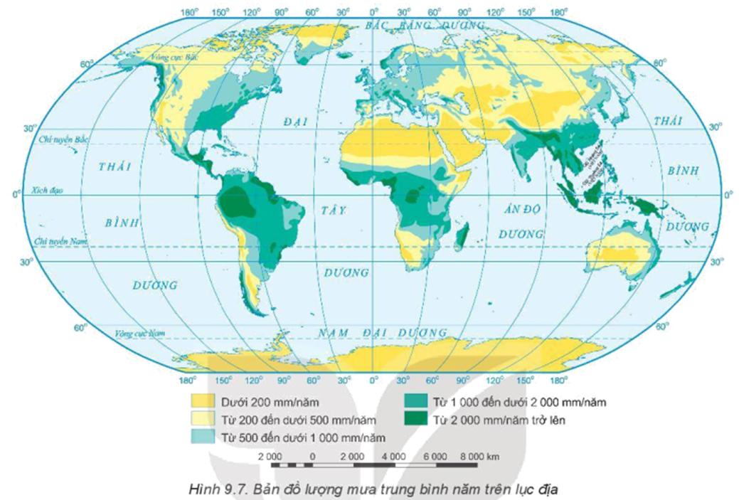 Dựa vào thông tin trong mục b và hình 9.7, hãy nhận xét khái quát về sự phân bố lượng mưa trên Trái Đất. (ảnh 1)
