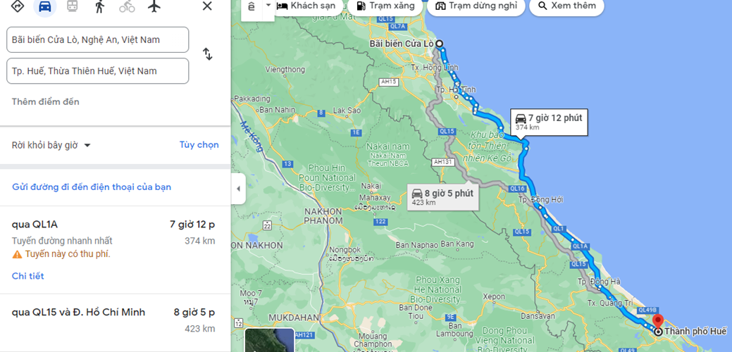 Em hãy sưu tầm một bản đồ du lịch Việt Nam, xác định quãng đường đi từ bãi biển Cửa Lò (tỉnh Nghệ An) đến Cố đô Huế (tỉnh Thừa Thiên Huế) và vẽ lại thành một bản đồ mô phỏng thể hiện một số điểm du lịch trên đường đi. (ảnh 1)