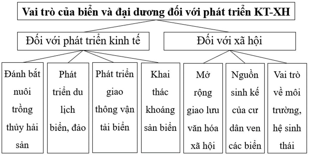 Em hãy lập sơ đồ thể hiện vai trò của biển và đại đương đối với sự phát triển kinh tế - xã hội. (ảnh 1)