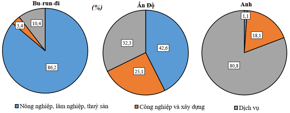 Dựa vào bảng 20.2, em hãy vẽ biểu đồ thể hiện cơ cấu lao động phân theo khu vực kinh tế của Bu-run-đi, Ấn Độ và Anh, năm 2019. (ảnh 1)