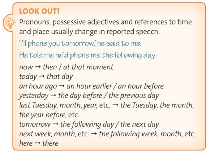 Read the Look out! box. Underline examples of changes to pronouns, possessive adjectives and references to time in the text in exercise 1. (Đọc bảng Chú ý. Gạch chân các ví dụ về sự thay đổi đại từ, tính từ sở hữu và các tham chiếu về thời gian trong văn bản ở bài tập 1) (ảnh 1)